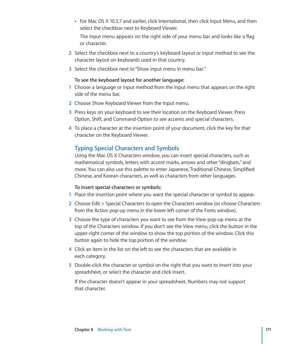 Typing special characters and symbols | Apple Numbers '09 User Manual | Page 171 / 254