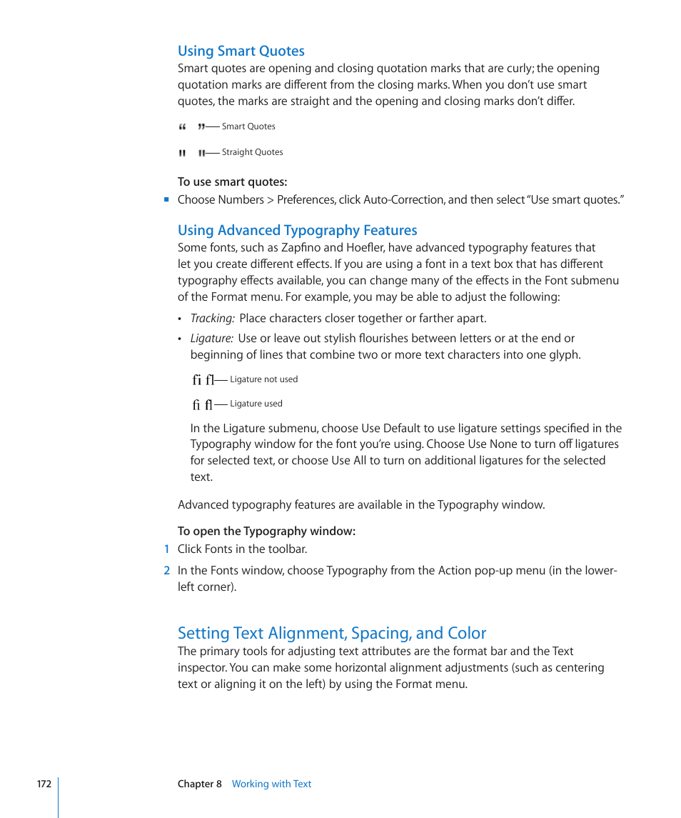 Using smart quotes, Using advanced typography features, Setting text alignment, spacing, and color | 172 setting text alignment, spacing, and color, 172 f | Apple Numbers '09 User Manual | Page 172 / 254