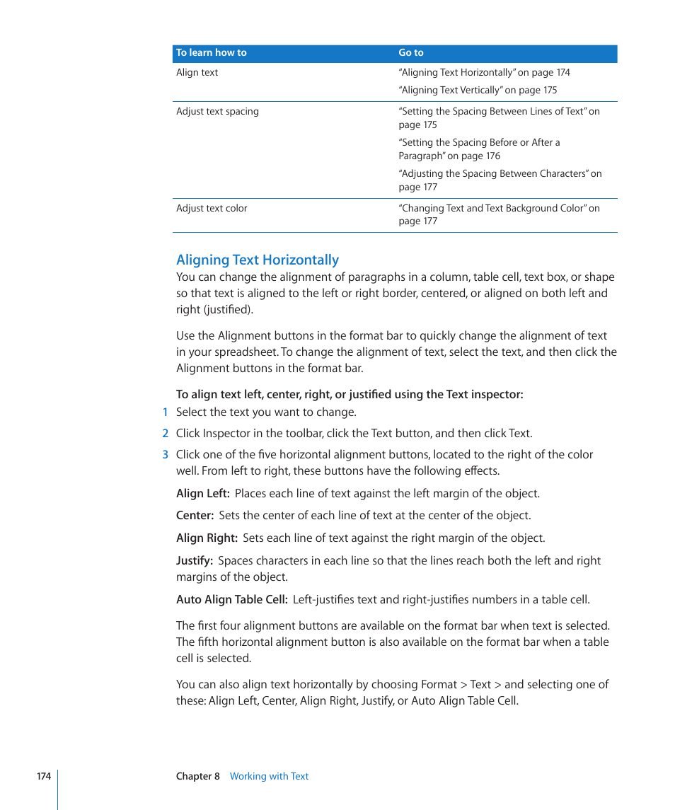 Aligning text horizontally | Apple Numbers '09 User Manual | Page 174 / 254