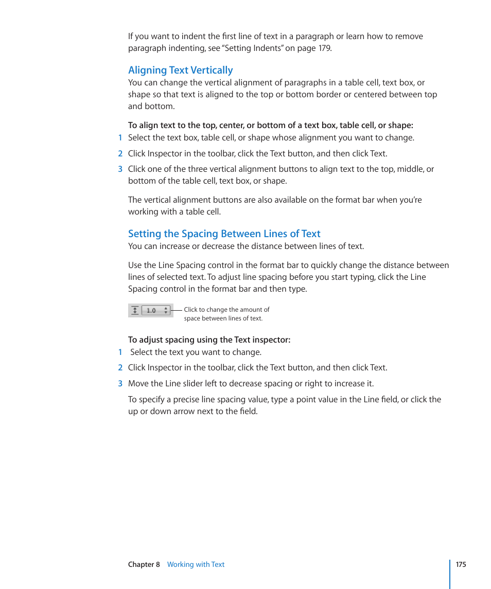 Aligning text vertically, Setting the spacing between lines of text | Apple Numbers '09 User Manual | Page 175 / 254