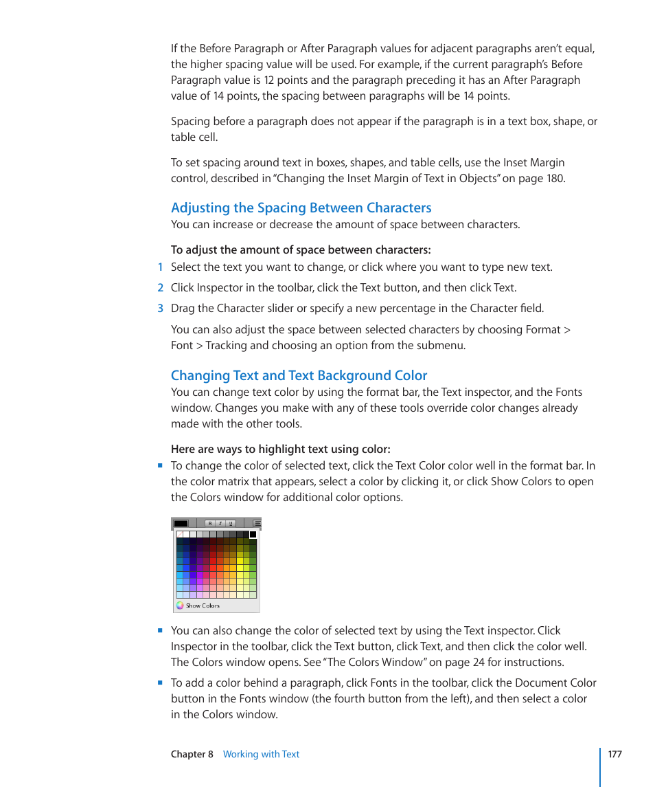 Adjusting the spacing between characters, Changing text and text background color | Apple Numbers '09 User Manual | Page 177 / 254