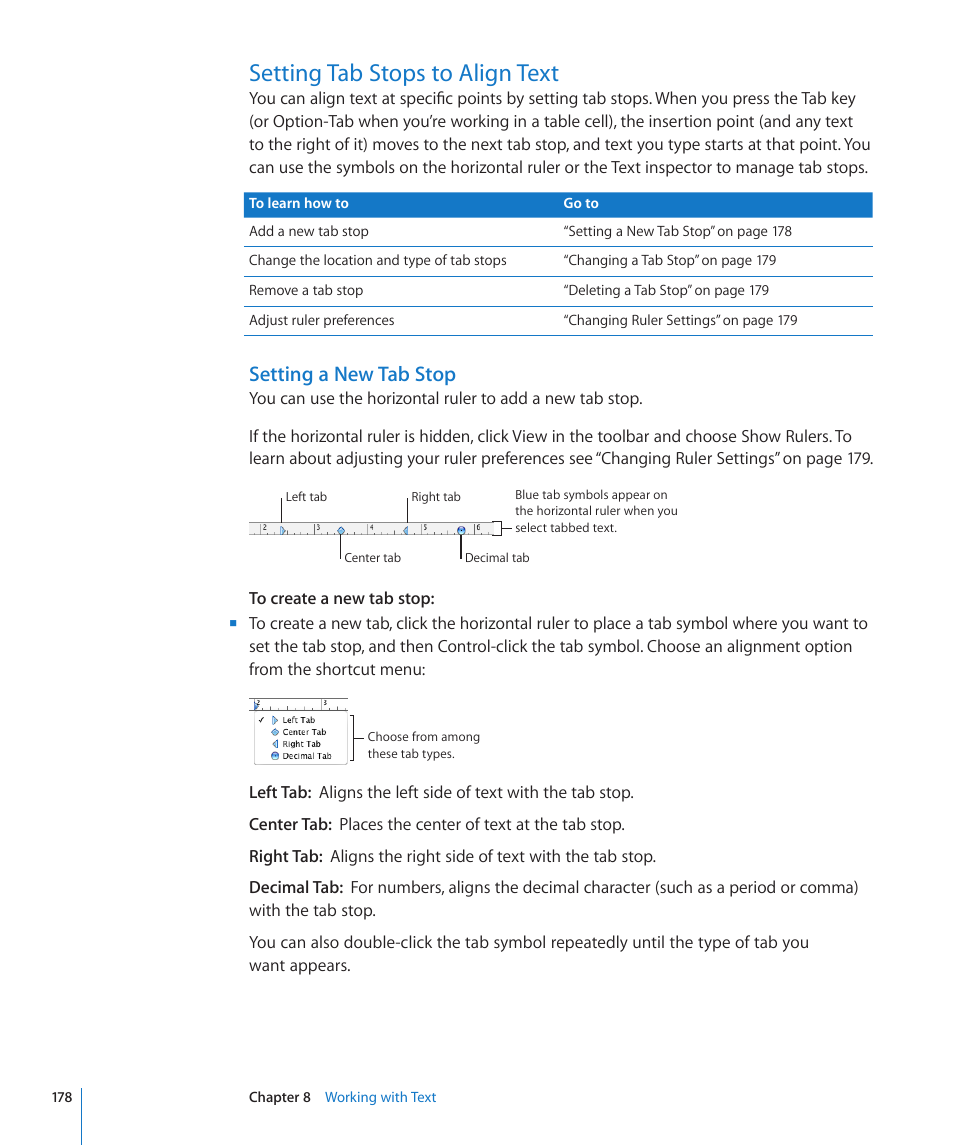 Setting tab stops to align text, Setting a new tab stop, 178 setting tab stops to align text 178 | Apple Numbers '09 User Manual | Page 178 / 254