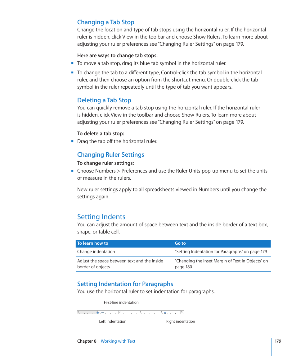 Changing a tab stop, Deleting a tab stop, Changing ruler settings | Setting indents, Setting indentation for paragraphs, 179 setting indents 179 | Apple Numbers '09 User Manual | Page 179 / 254