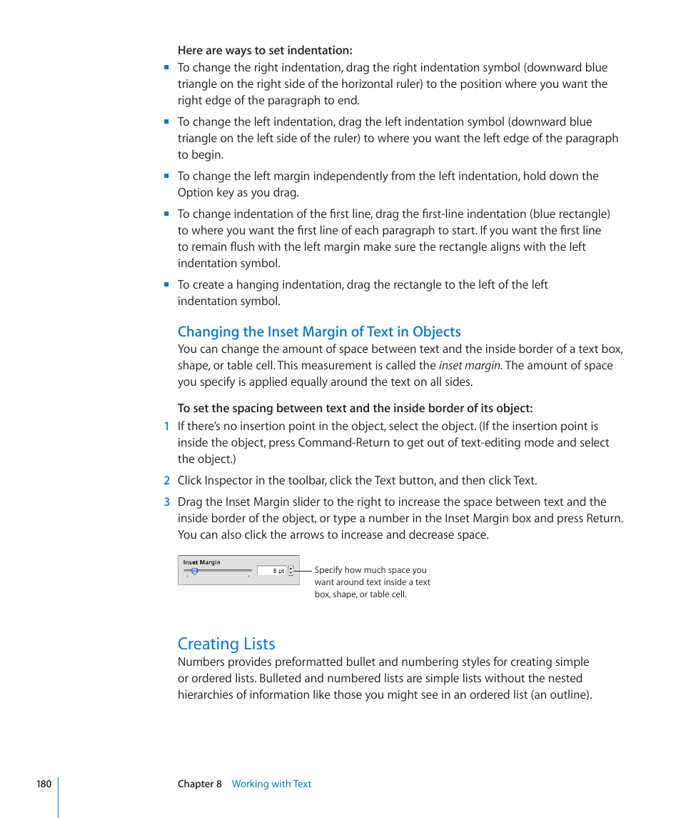 Changing the inset margin of text in objects, Creating lists, 180 creating lists | Apple Numbers '09 User Manual | Page 180 / 254