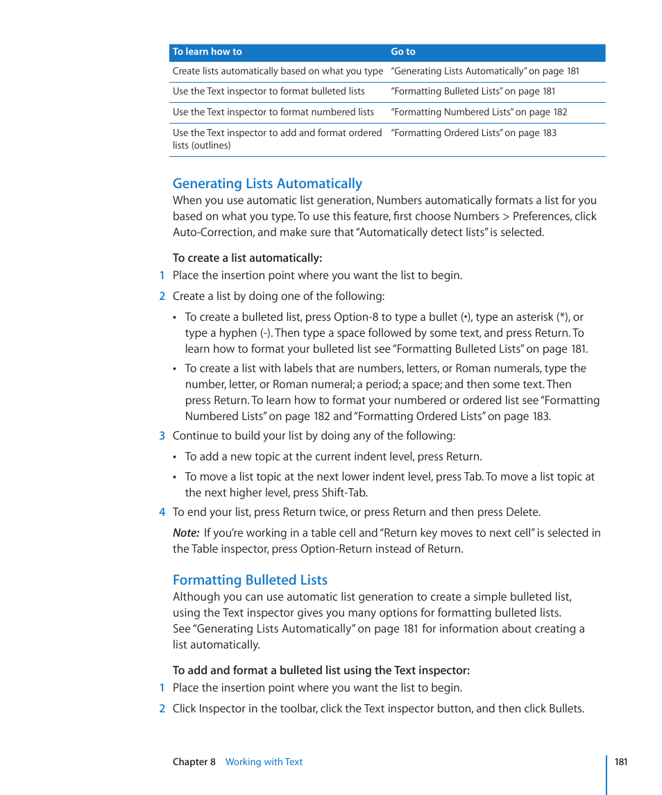 Generating lists automatically, Formatting bulleted lists | Apple Numbers '09 User Manual | Page 181 / 254