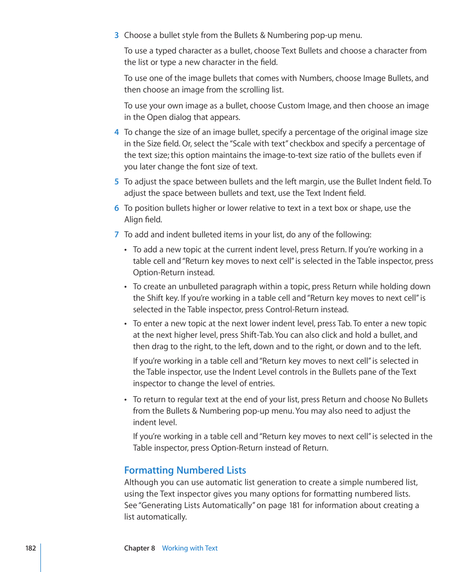 Formatting numbered lists | Apple Numbers '09 User Manual | Page 182 / 254