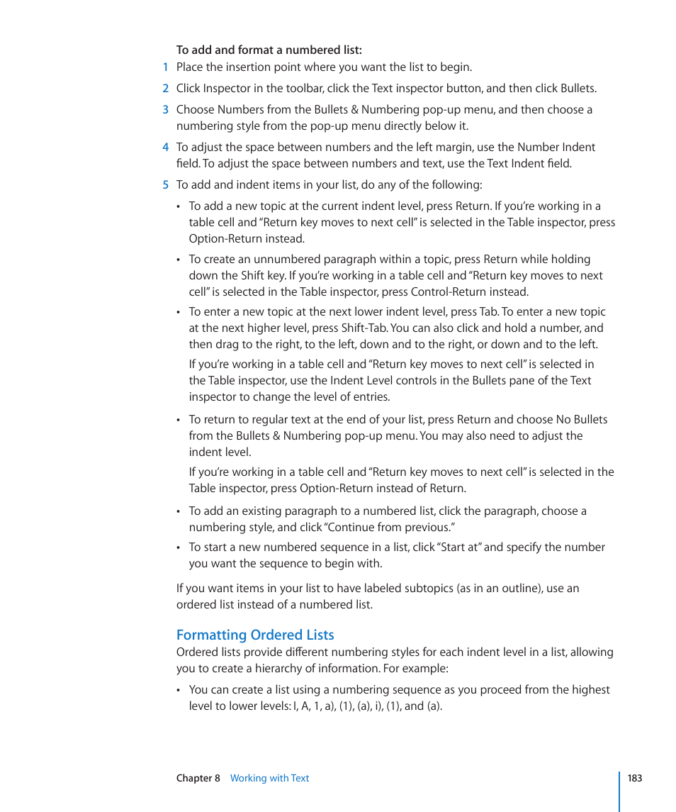 Formatting ordered lists | Apple Numbers '09 User Manual | Page 183 / 254