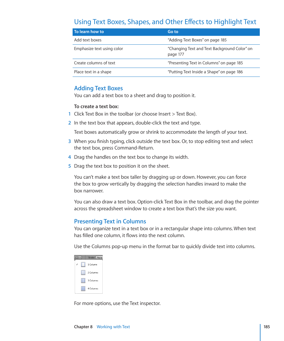 Adding text boxes, Presenting text in columns | Apple Numbers '09 User Manual | Page 185 / 254