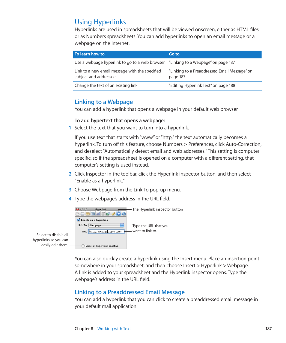 Using hyperlinks, Linking to a preaddressed email message, 187 using hyperlinks 187 | Linking to a webpage | Apple Numbers '09 User Manual | Page 187 / 254