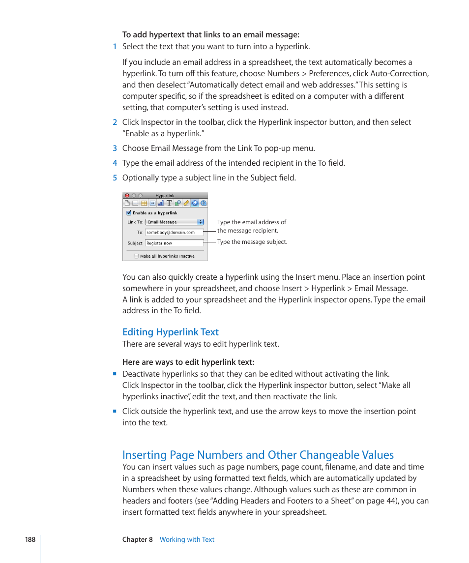 Editing hyperlink text, Inserting, Inserting page numbers and other changeable values | Apple Numbers '09 User Manual | Page 188 / 254
