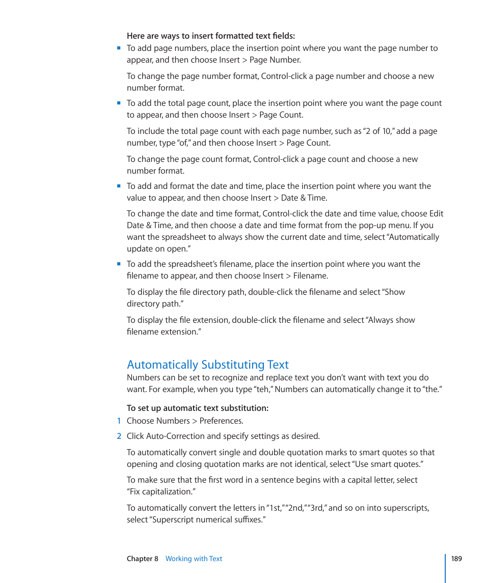 Automatically substituting text, 189 automatically substituting text | Apple Numbers '09 User Manual | Page 189 / 254