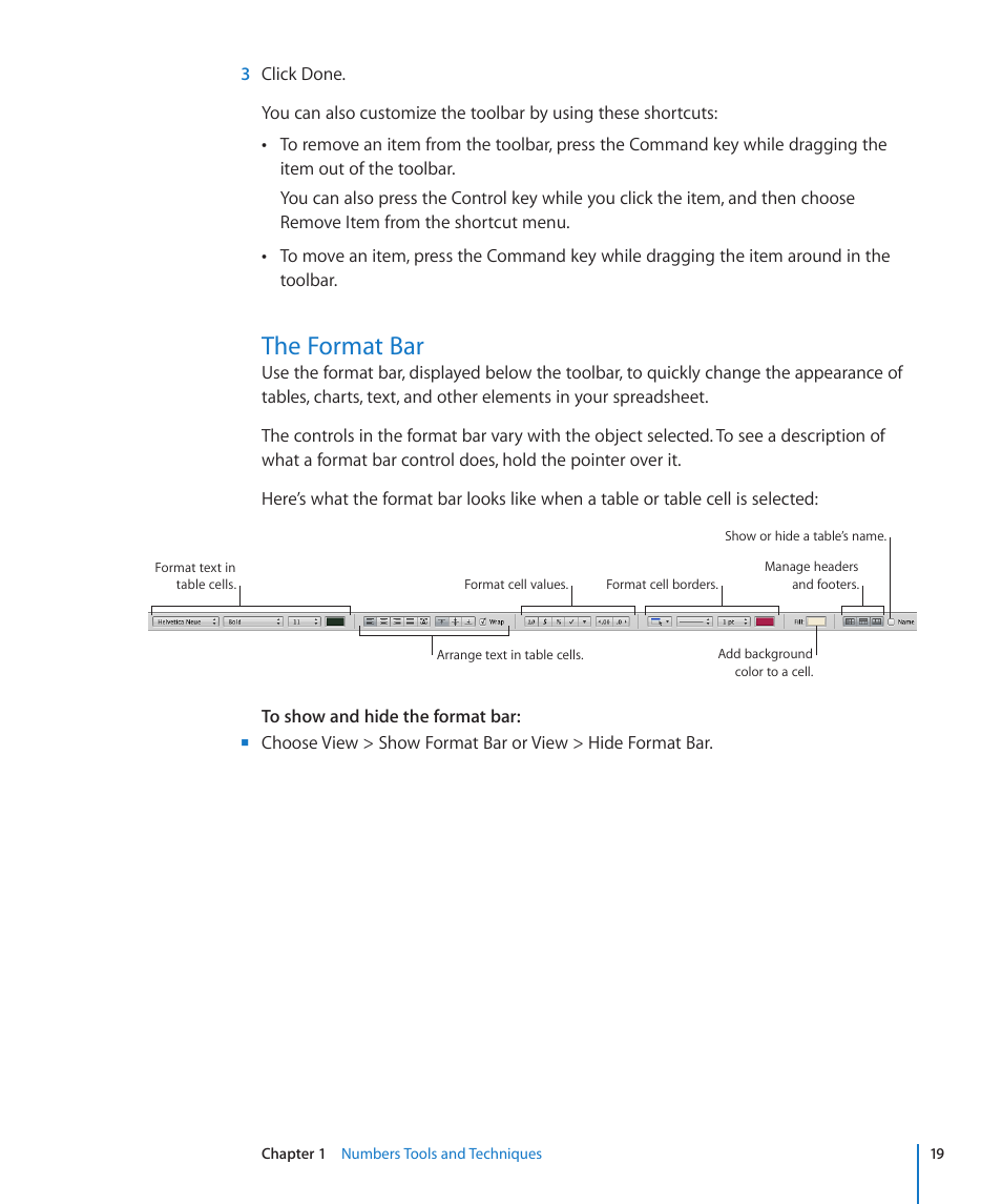 The format bar | Apple Numbers '09 User Manual | Page 19 / 254