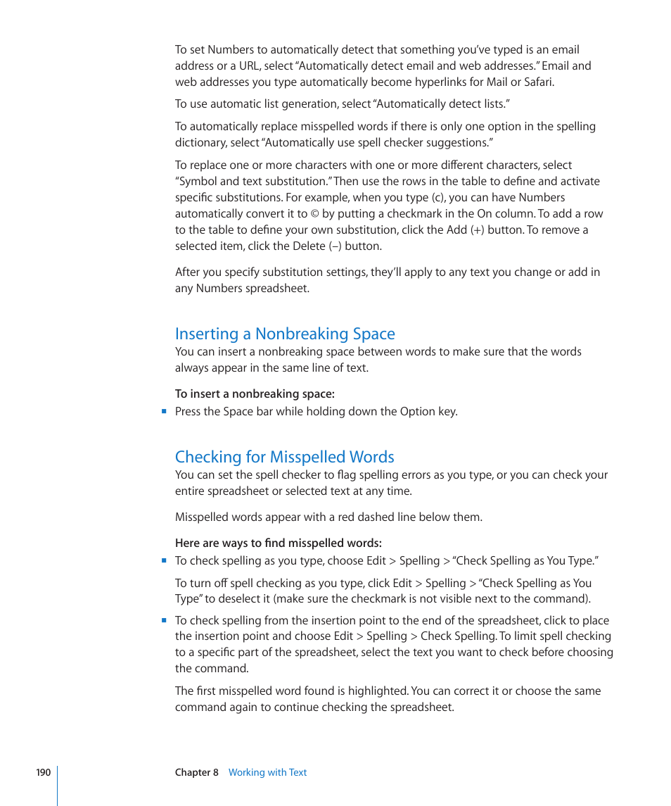 Inserting a nonbreaking space, Checking for misspelled words | Apple Numbers '09 User Manual | Page 190 / 254