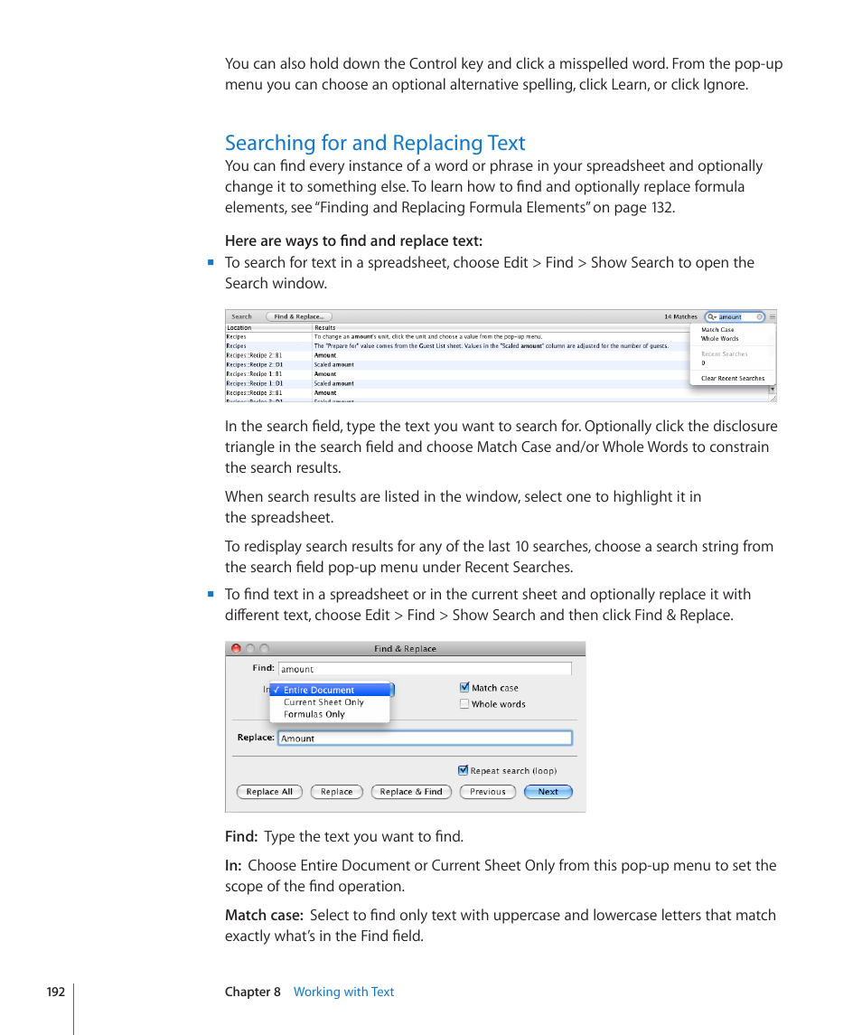 Searching for and replacing text, 192 searching for and replacing text, Searching for and | Replacing text | Apple Numbers '09 User Manual | Page 192 / 254