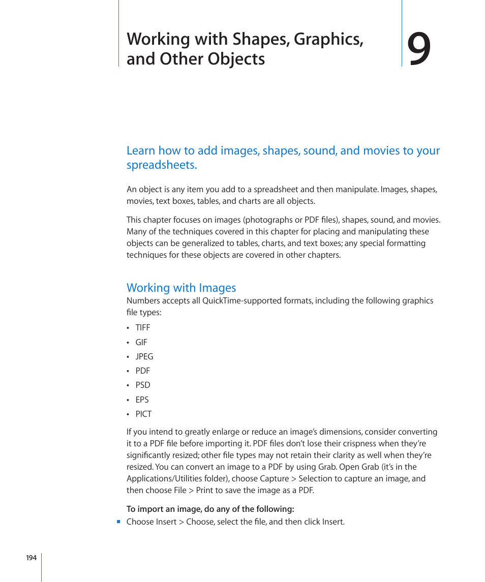 Working with images, 194 working with images, Working with shapes, graphics, and other objects | Apple Numbers '09 User Manual | Page 194 / 254