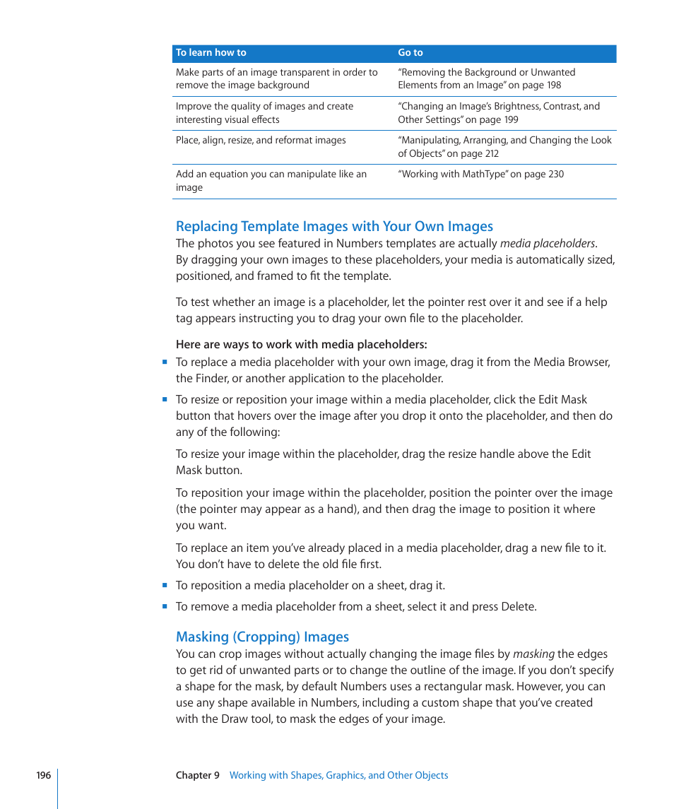 Replacing template images with your own images, Masking (cropping) images | Apple Numbers '09 User Manual | Page 196 / 254