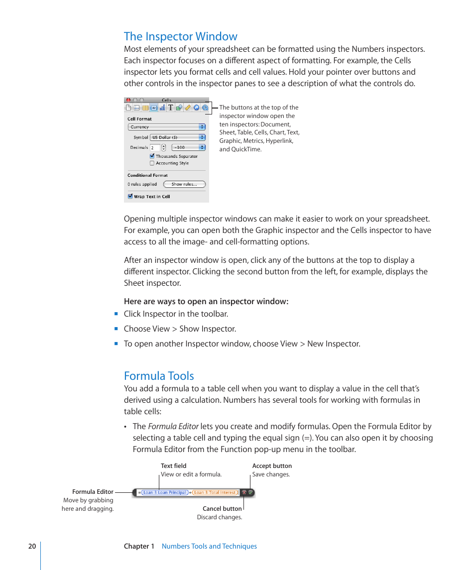 The inspector window, Formula tools, 20 the inspector window 20 formula tools | Apple Numbers '09 User Manual | Page 20 / 254