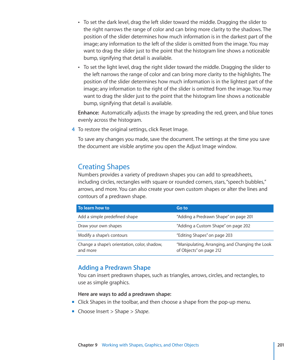 Creating shapes, Adding a predrawn shape, 201 creating shapes 201 | Apple Numbers '09 User Manual | Page 201 / 254