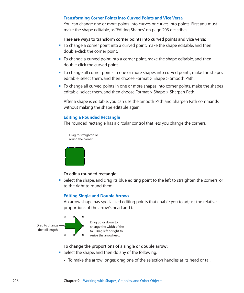 Editing a rounded rectangle, Editing single and double arrows | Apple Numbers '09 User Manual | Page 206 / 254
