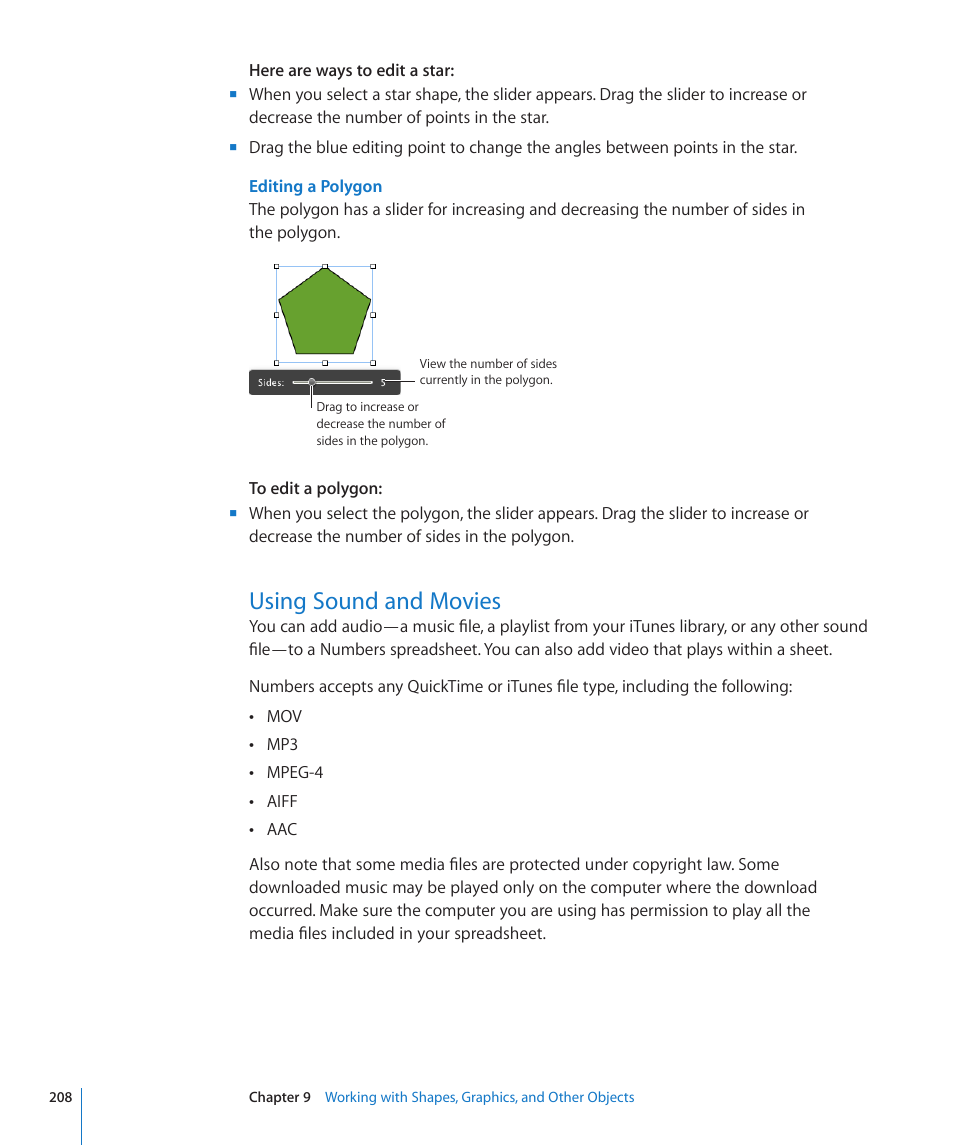 Editing a polygon, Using sound and movies, 208 using sound and movies | Apple Numbers '09 User Manual | Page 208 / 254