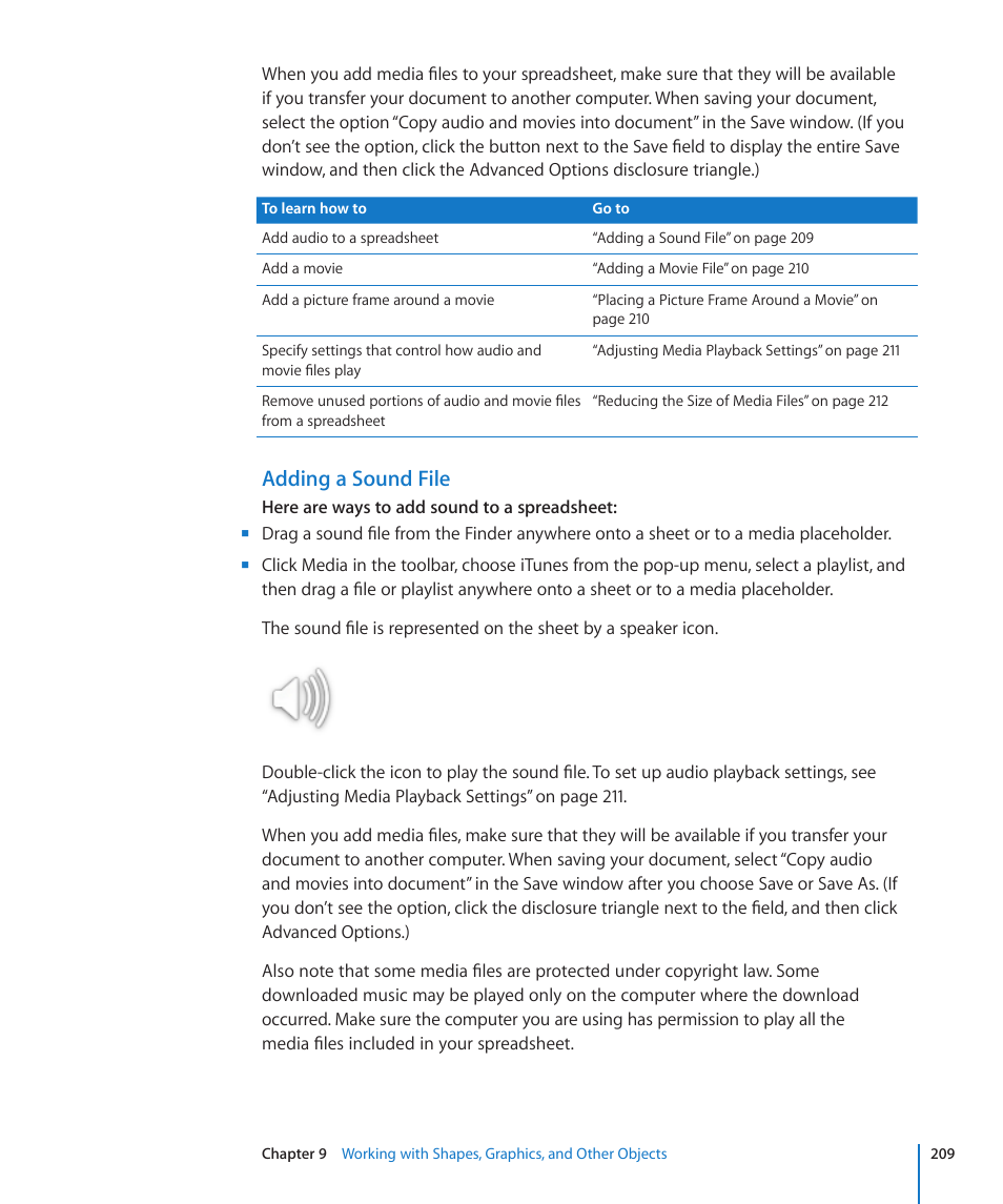 Adding a sound file | Apple Numbers '09 User Manual | Page 209 / 254