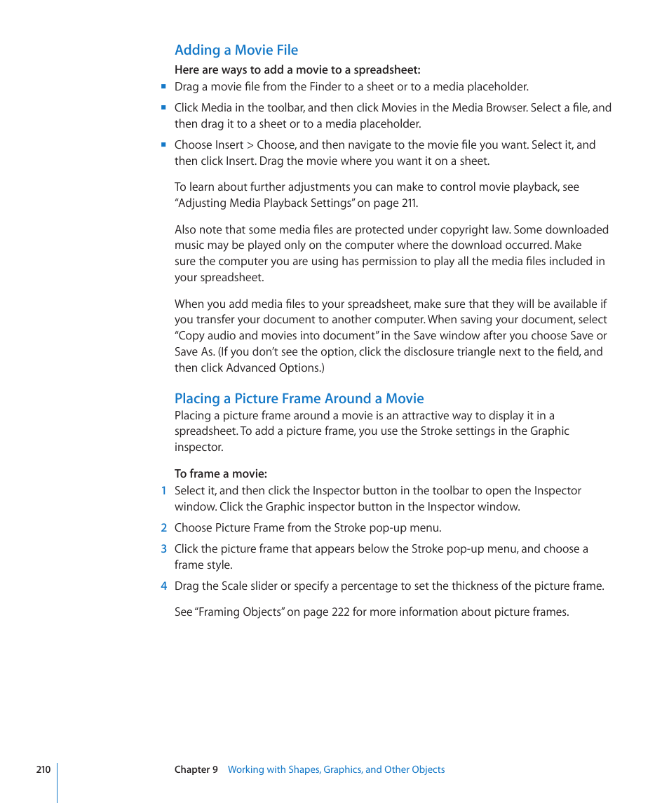 Adding a movie file, Placing a picture frame around a movie | Apple Numbers '09 User Manual | Page 210 / 254