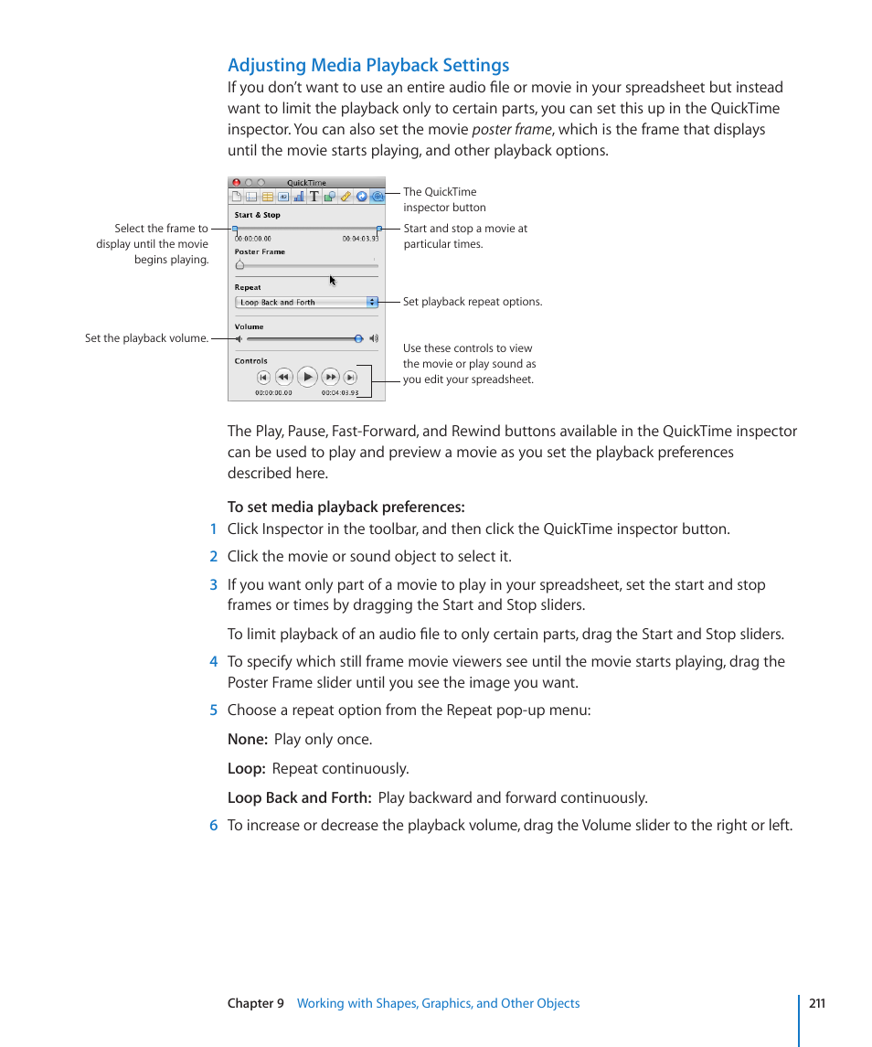Adjusting media playback settings | Apple Numbers '09 User Manual | Page 211 / 254