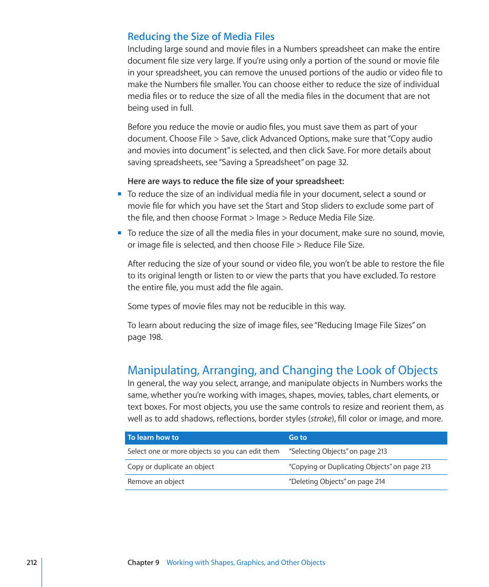 Reducing the size of media files, 212 t | Apple Numbers '09 User Manual | Page 212 / 254