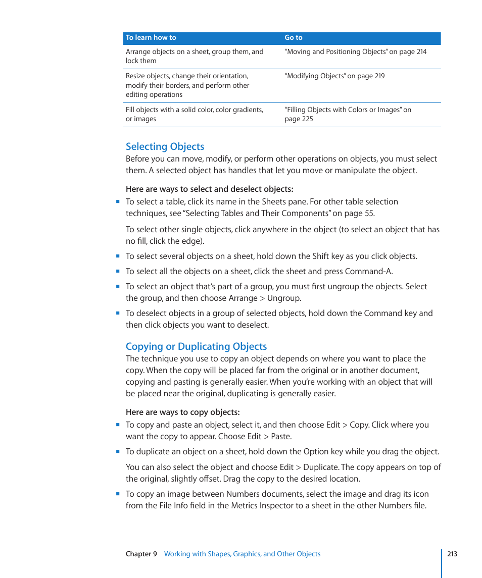 Selecting objects, Copying or duplicating objects | Apple Numbers '09 User Manual | Page 213 / 254