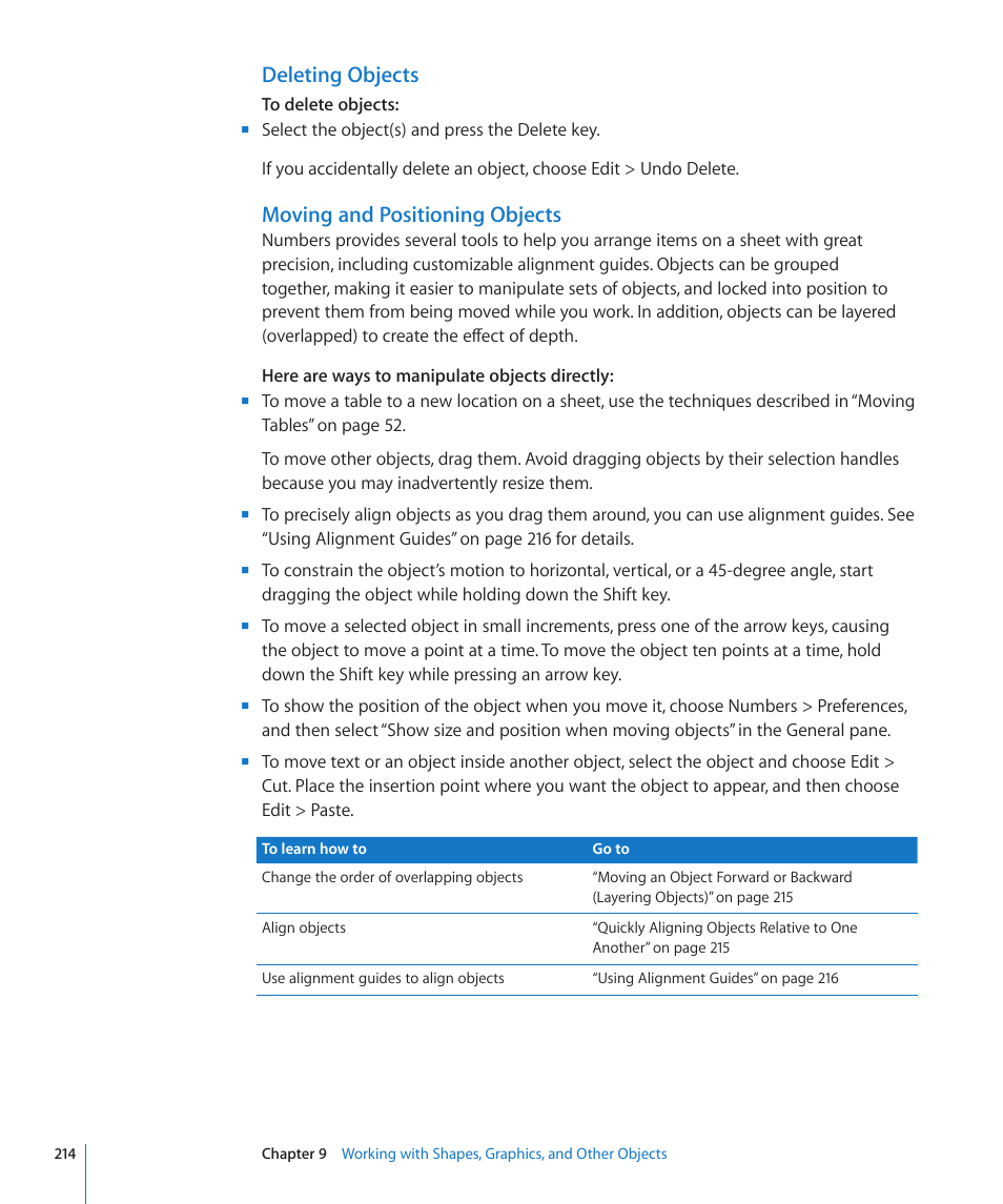 Deleting objects, Moving and positioning objects | Apple Numbers '09 User Manual | Page 214 / 254