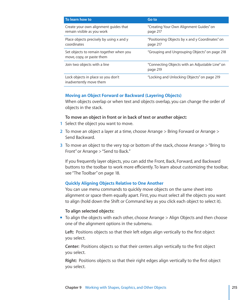 Quickly aligning objects relative to one another | Apple Numbers '09 User Manual | Page 215 / 254