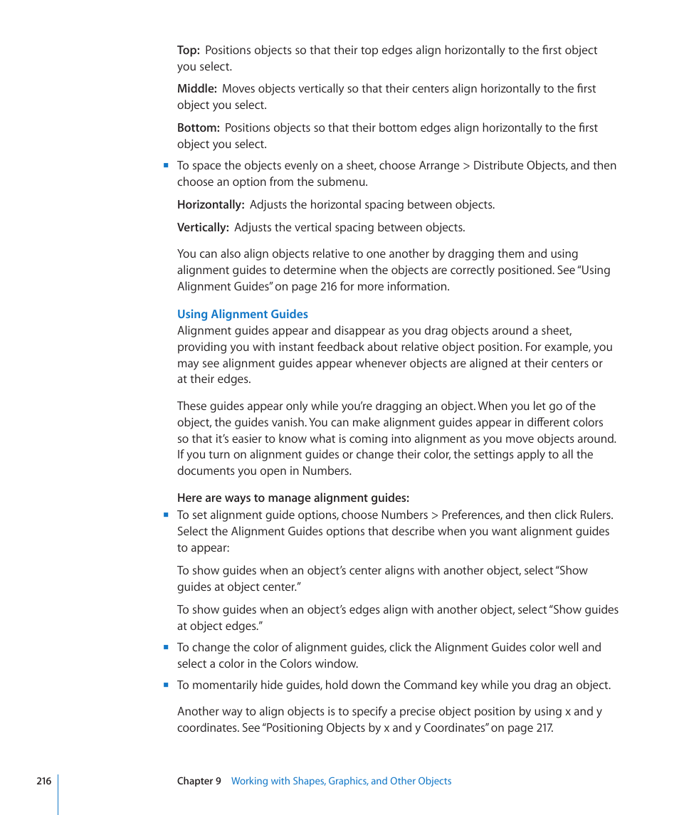 Using alignment guides, 216 f | Apple Numbers '09 User Manual | Page 216 / 254