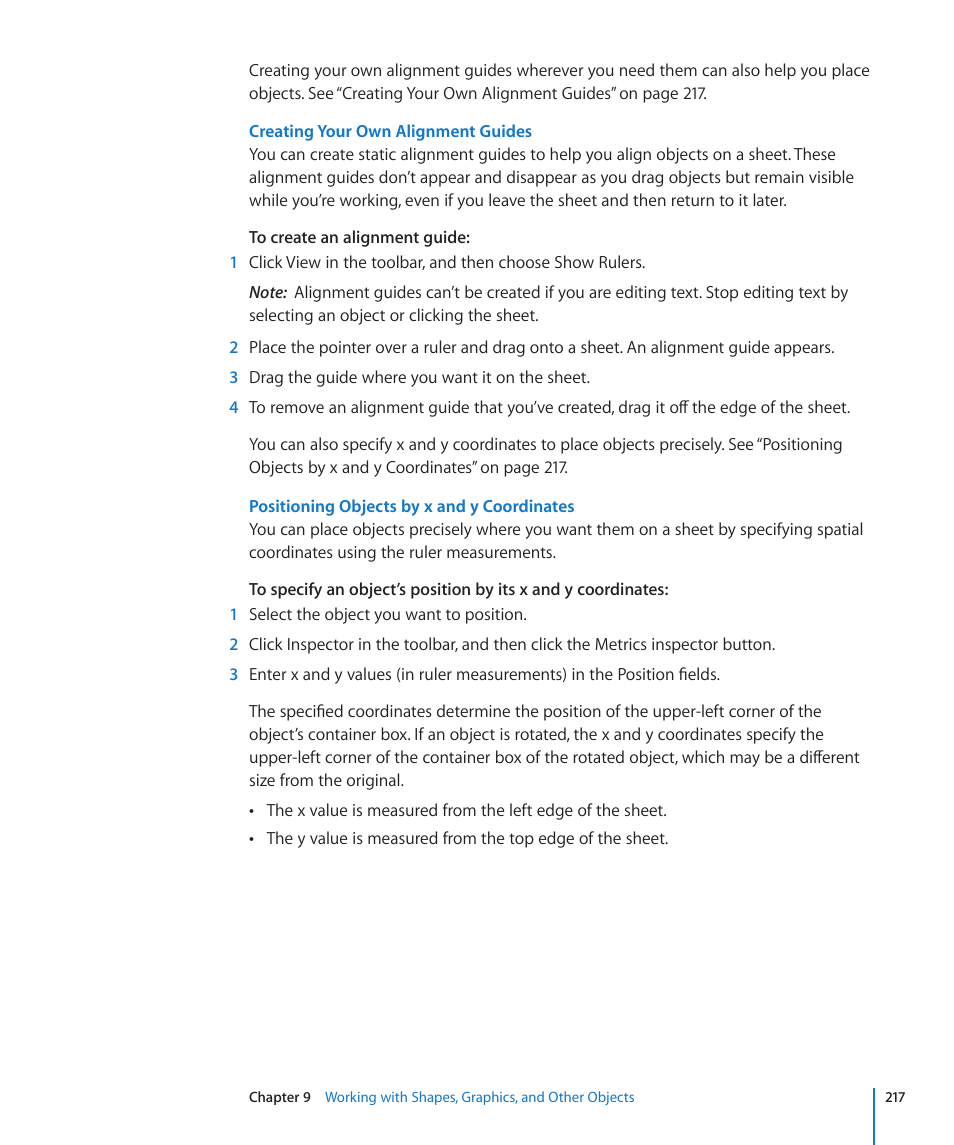 Creating your own alignment guides, Positioning objects by x and y coordinates | Apple Numbers '09 User Manual | Page 217 / 254