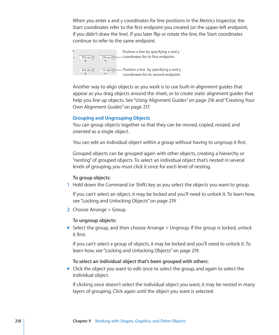 Grouping and ungrouping objects, 218 f | Apple Numbers '09 User Manual | Page 218 / 254