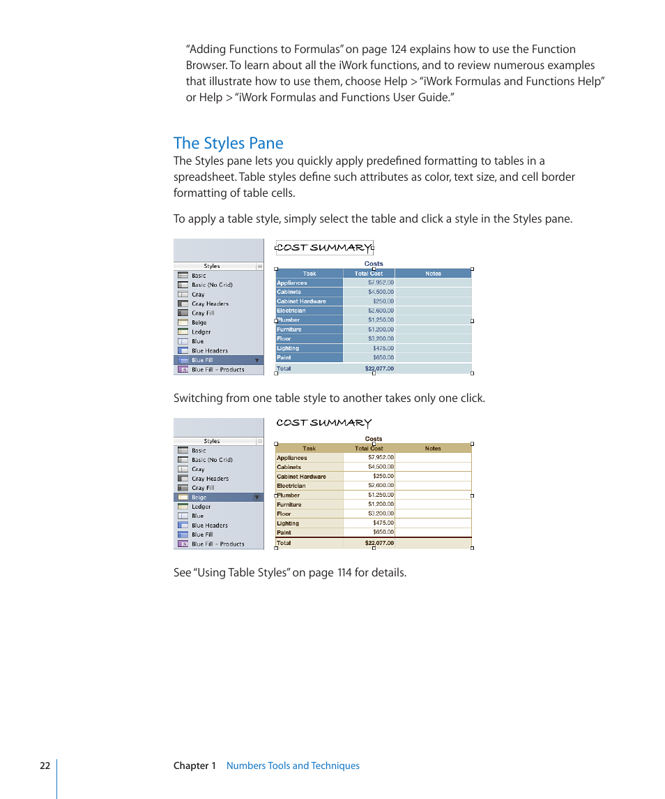 The styles pane, 22 the styles pane | Apple Numbers '09 User Manual | Page 22 / 254