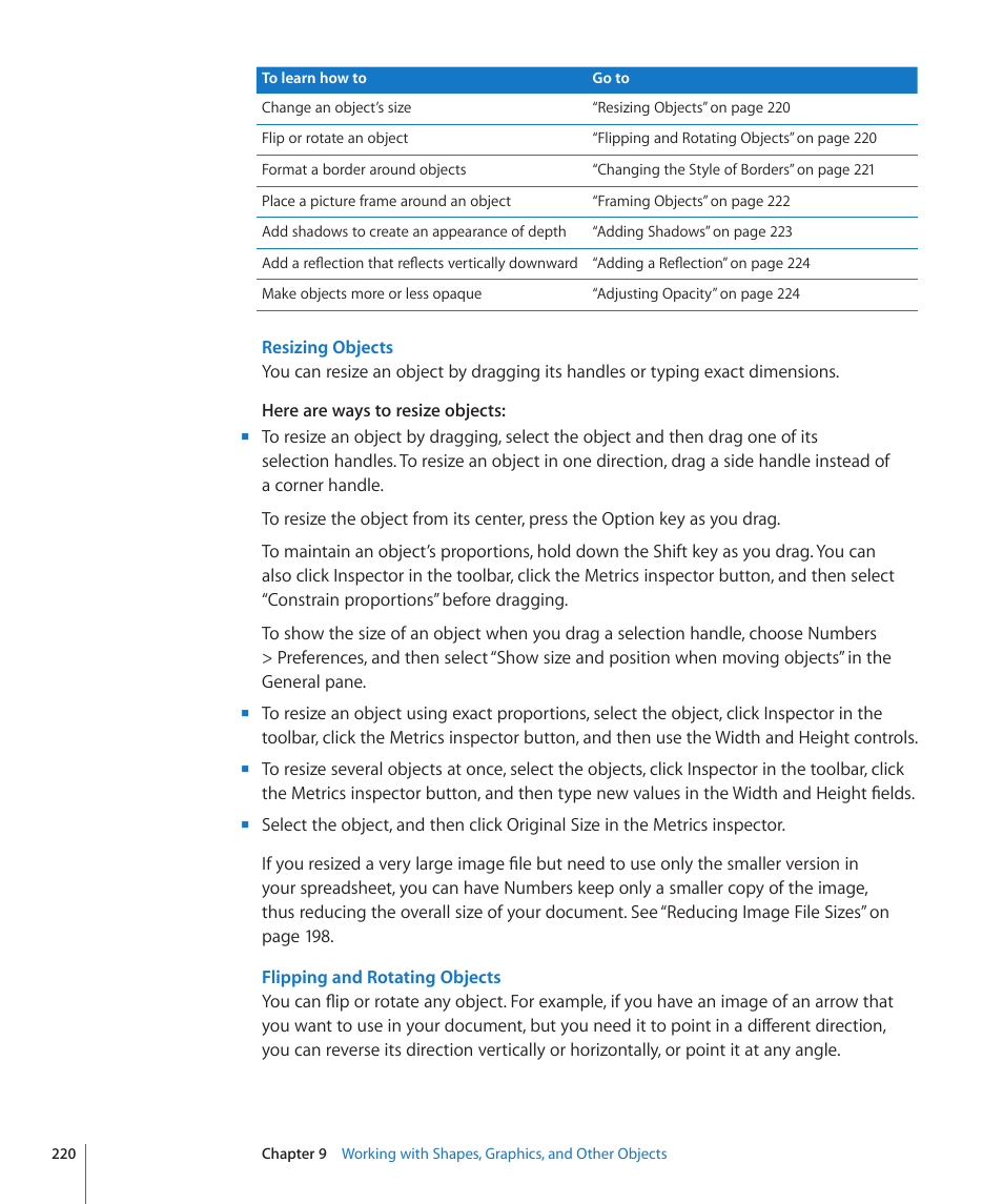 Resizing objects, Flipping and rotating objects | Apple Numbers '09 User Manual | Page 220 / 254