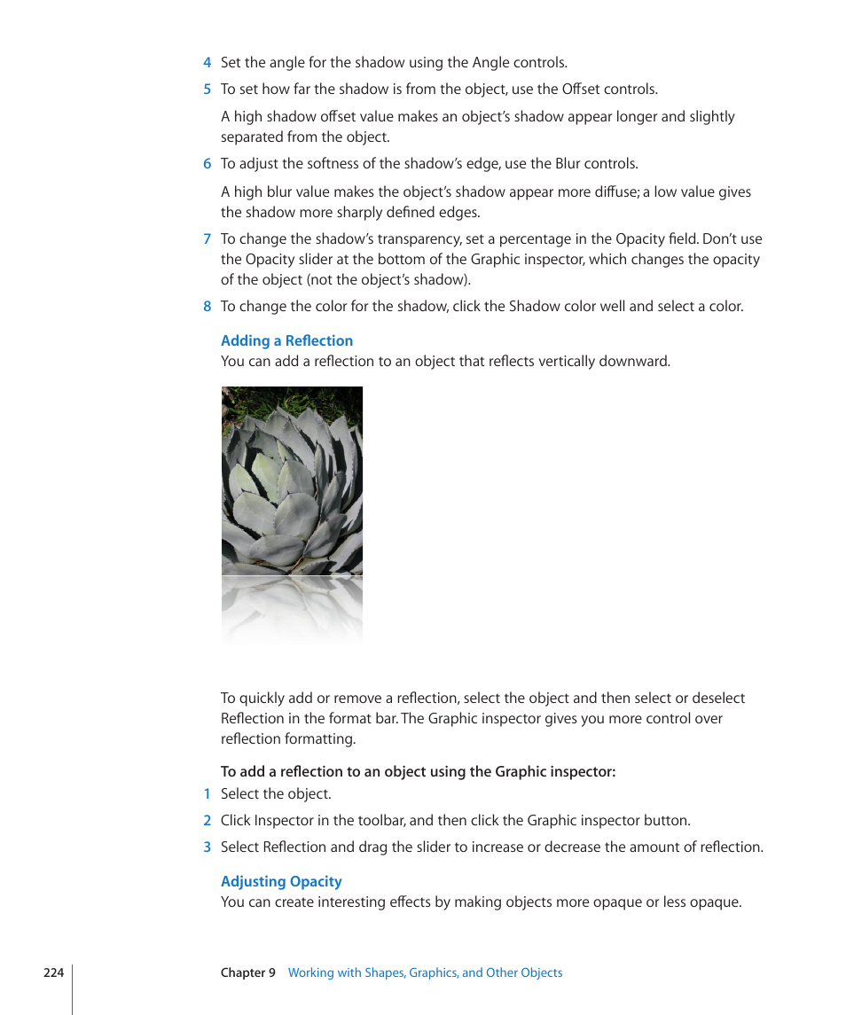 Adding a reflection, Adjusting opacity, 224 f | Apple Numbers '09 User Manual | Page 224 / 254