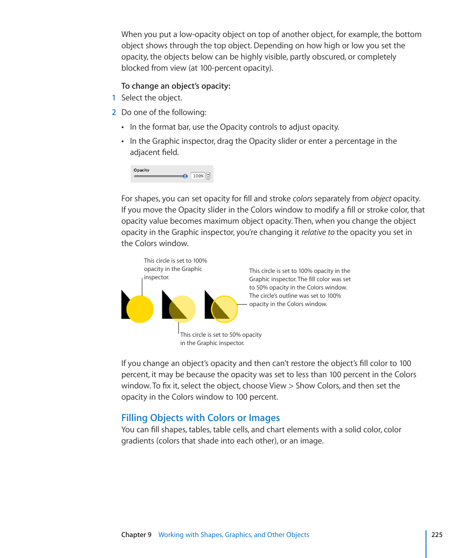 Filling objects with colors or images | Apple Numbers '09 User Manual | Page 225 / 254