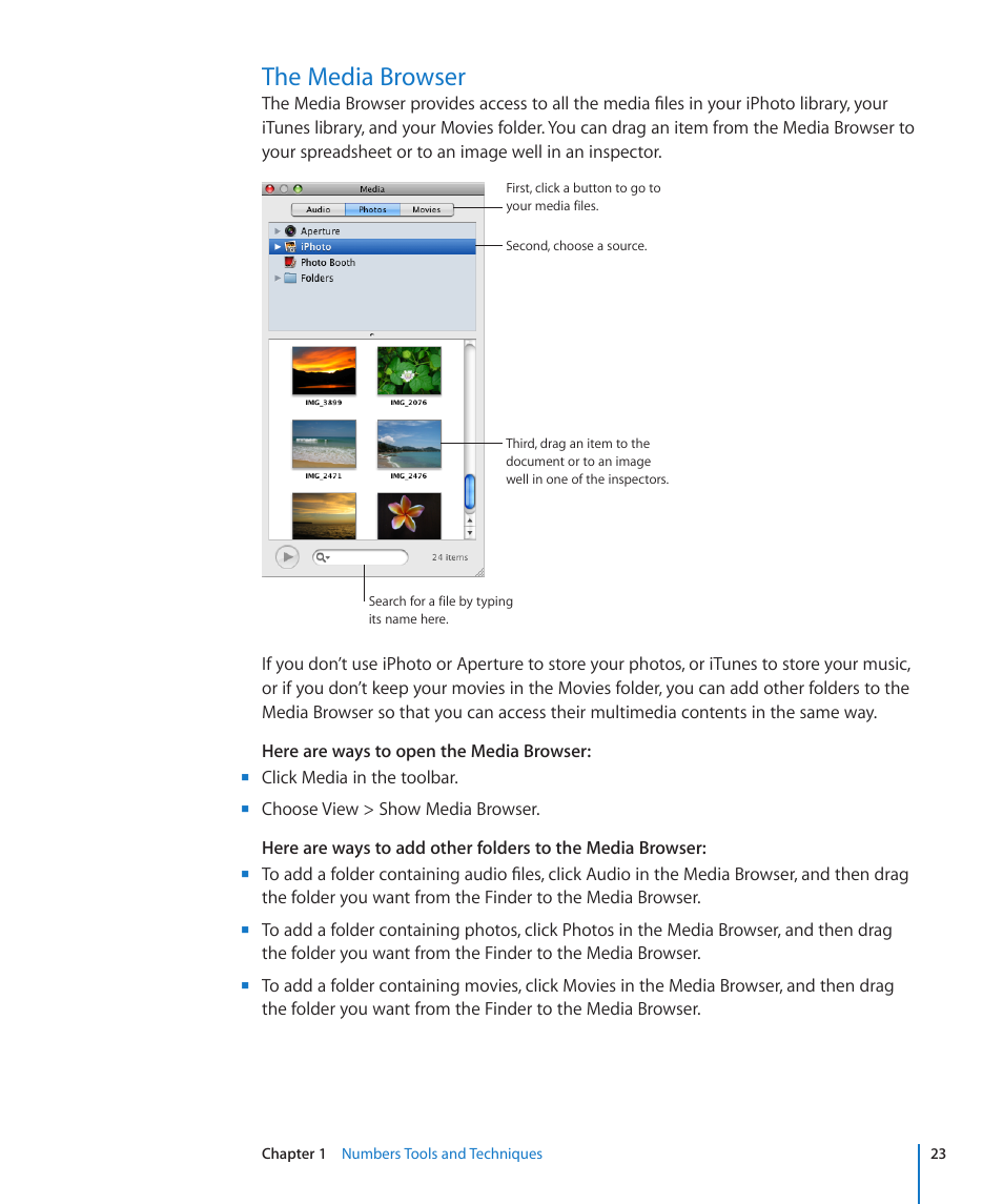 The media browser, 23 the media browser | Apple Numbers '09 User Manual | Page 23 / 254