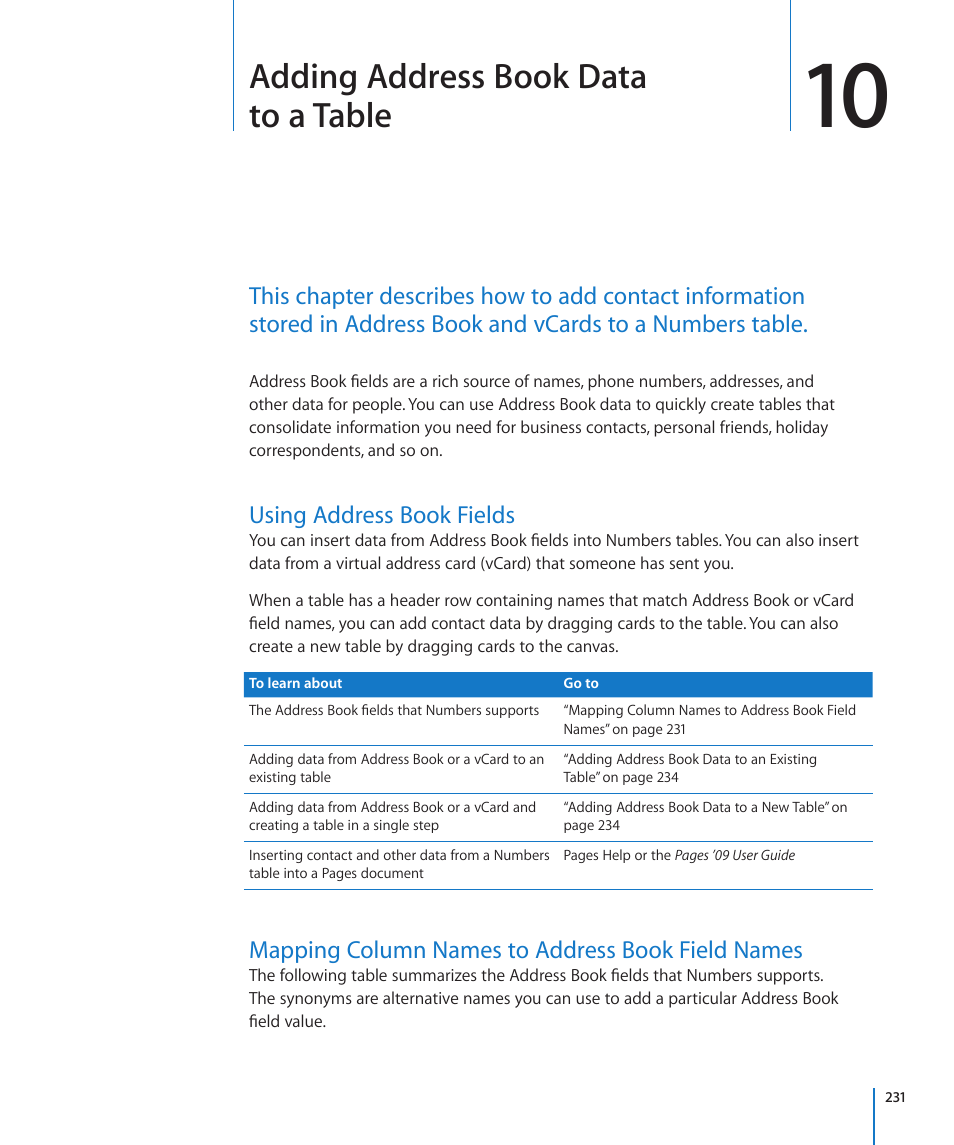 Chapter 10: adding address book data to a table, Using address book fields, Mapping column names to address book field names | Chapter 10: adding address book data to a table, 231 f, Adding address book data to a table | Apple Numbers '09 User Manual | Page 231 / 254