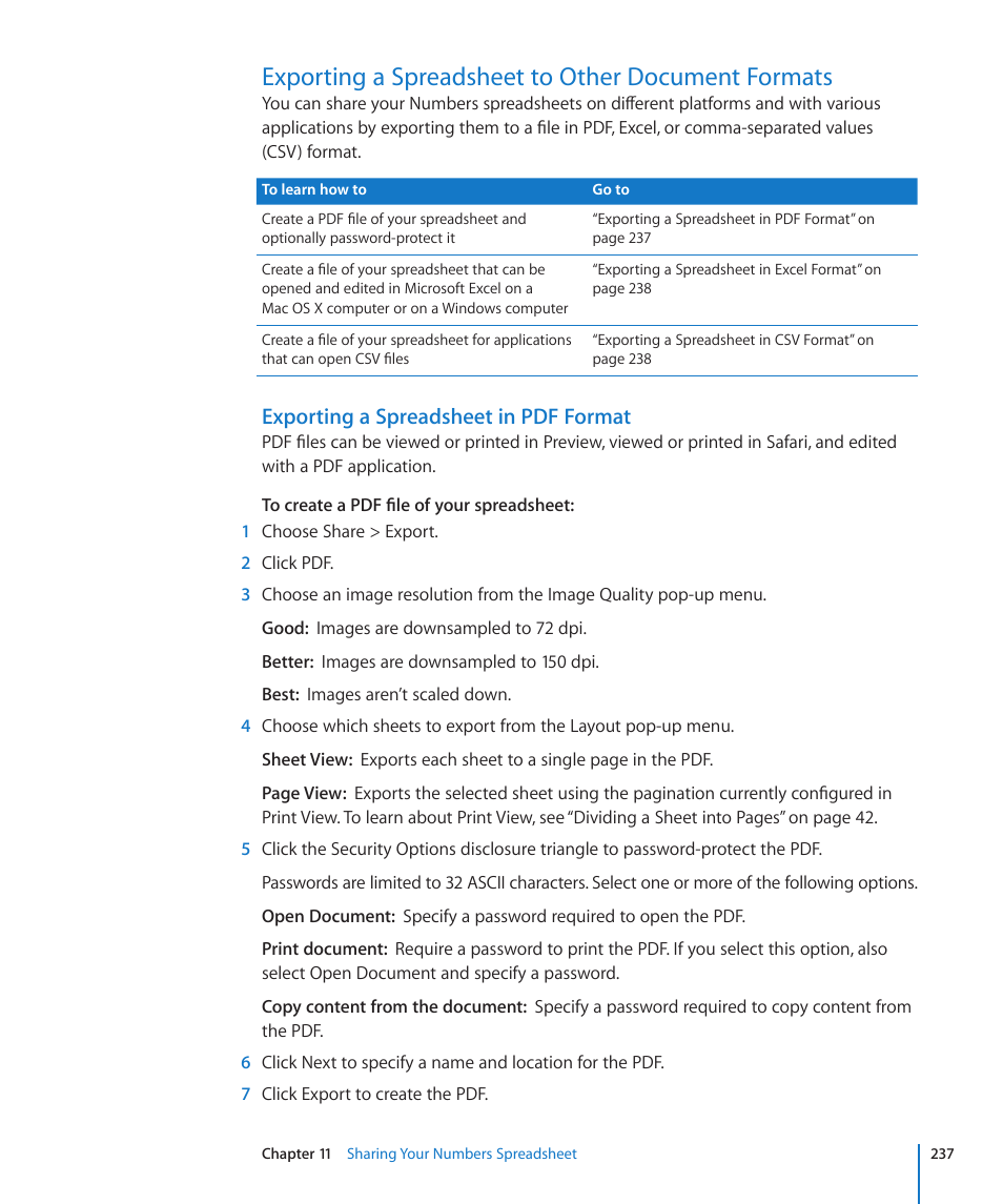 Exporting a spreadsheet to other document formats, Exporting a spreadsheet in pdf format, 237 f | Exporting, A spreadsheet in pdf format | Apple Numbers '09 User Manual | Page 237 / 254
