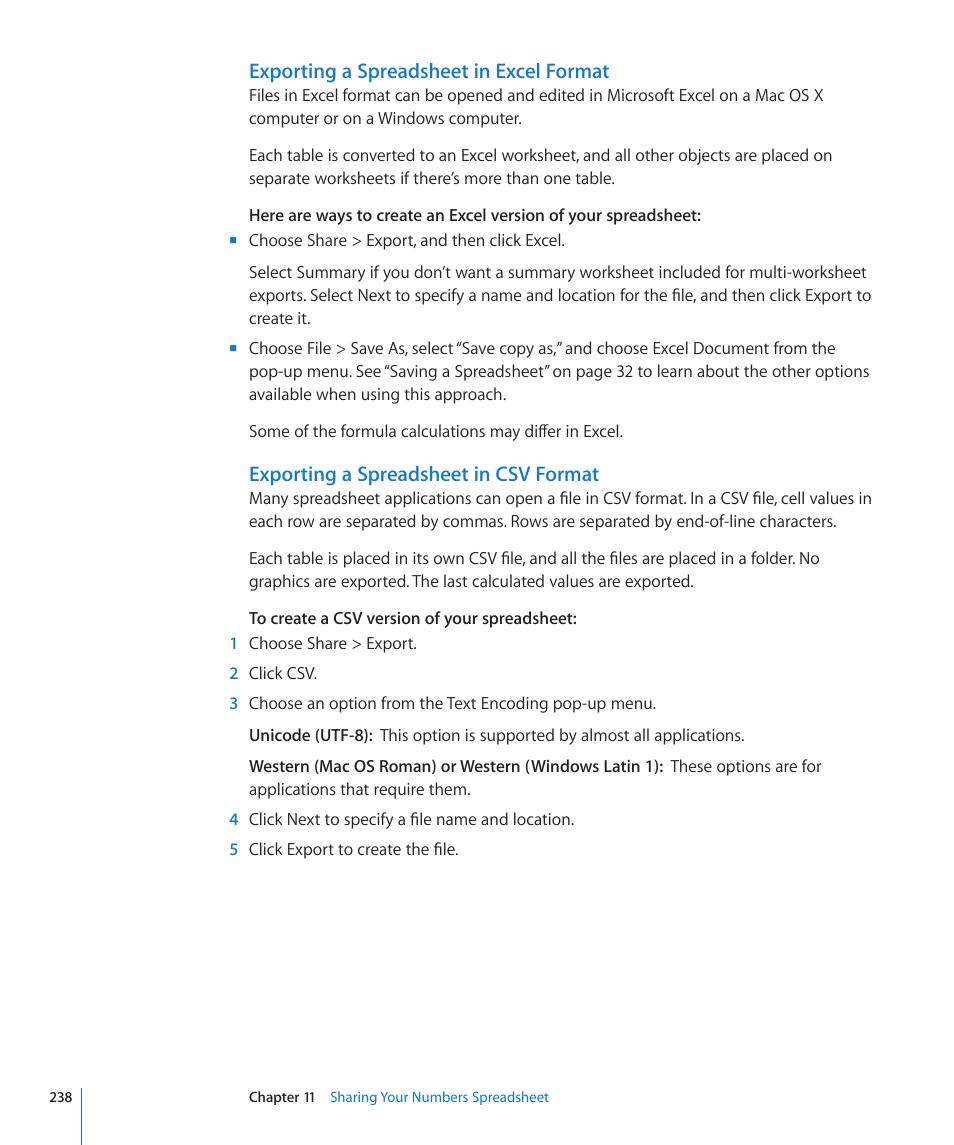 Exporting a spreadsheet in excel format, Exporting a spreadsheet in csv format | Apple Numbers '09 User Manual | Page 238 / 254