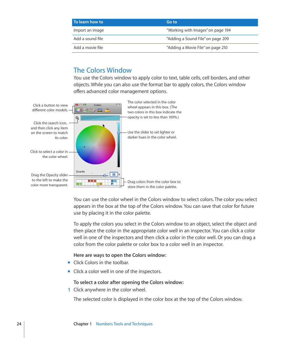 The colors window, 24 the colors window | Apple Numbers '09 User Manual | Page 24 / 254