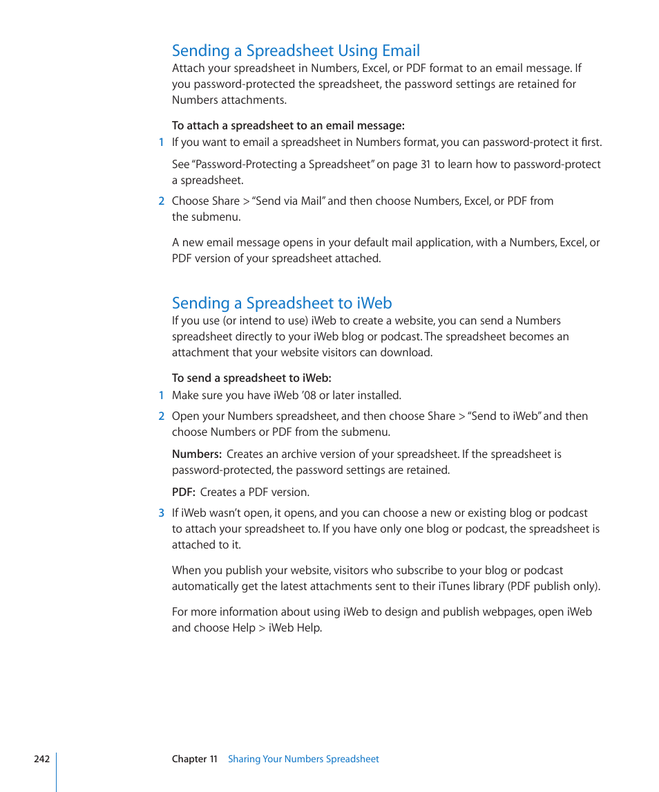 Sending a spreadsheet using email, Sending a spreadsheet to iweb | Apple Numbers '09 User Manual | Page 242 / 254