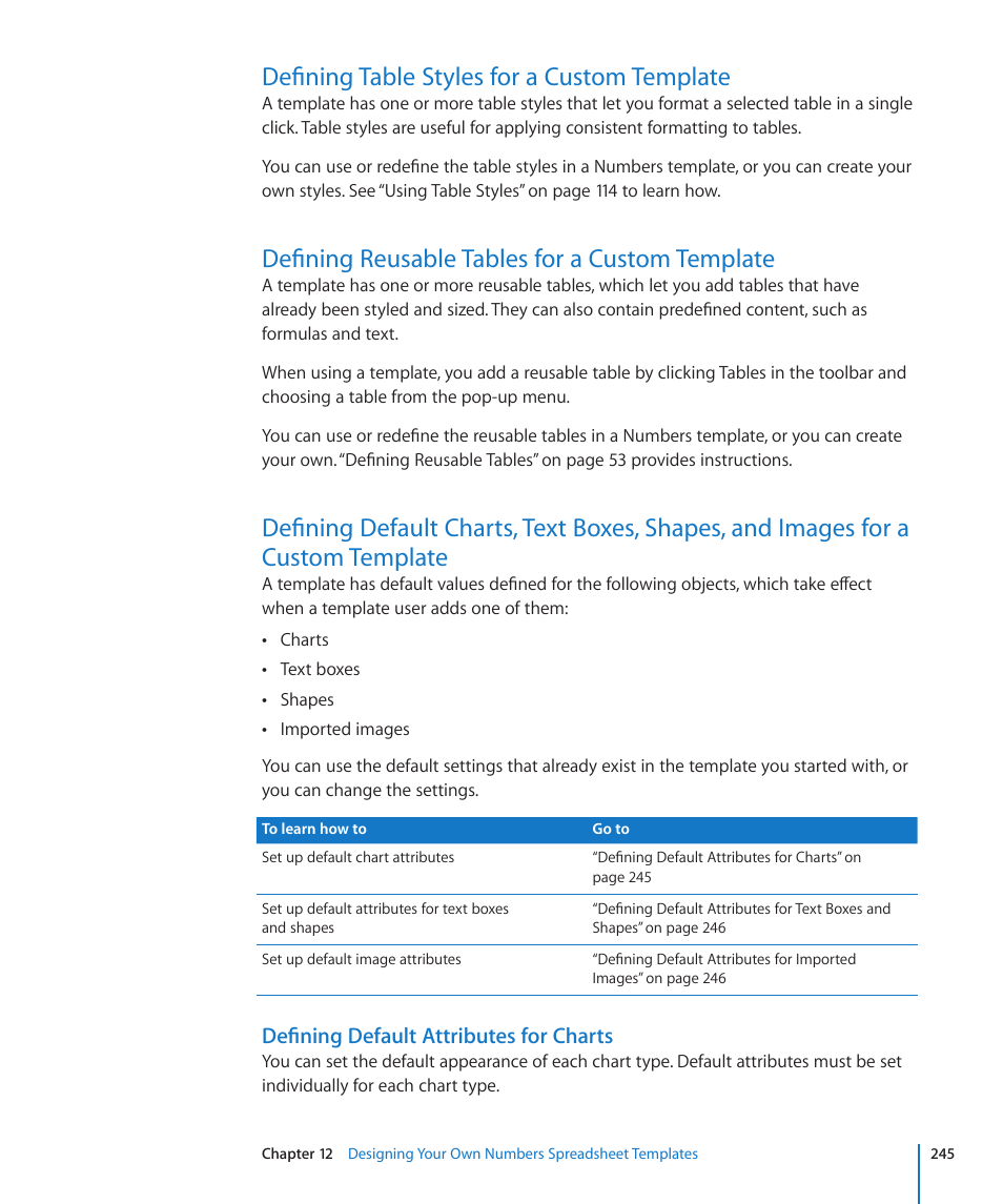 Defining table styles for a custom template, Defining reusable tables for a custom template, Defining default attributes for charts | Apple Numbers '09 User Manual | Page 245 / 254