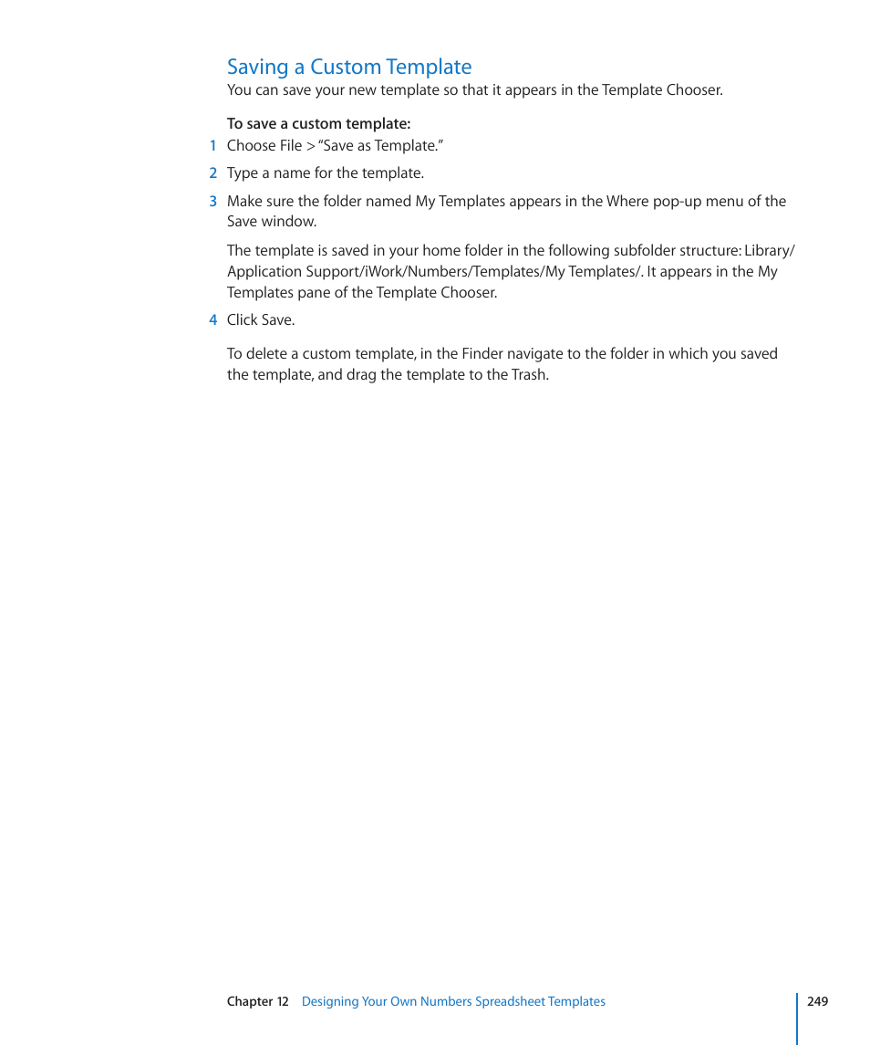 Saving a custom template, 249 saving a custom template | Apple Numbers '09 User Manual | Page 249 / 254