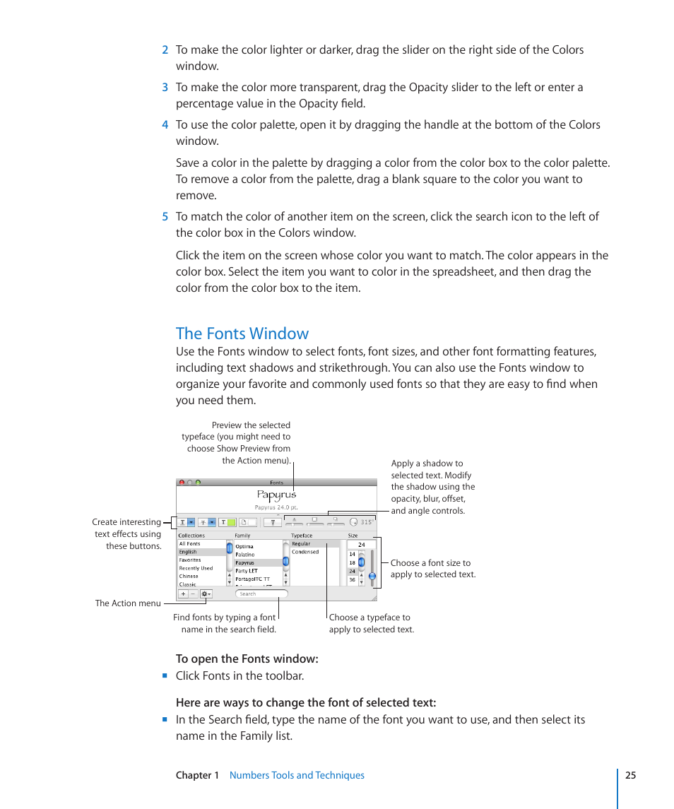 The fonts window, 25 the fonts window | Apple Numbers '09 User Manual | Page 25 / 254