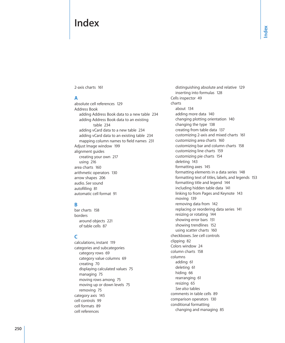 Index | Apple Numbers '09 User Manual | Page 250 / 254