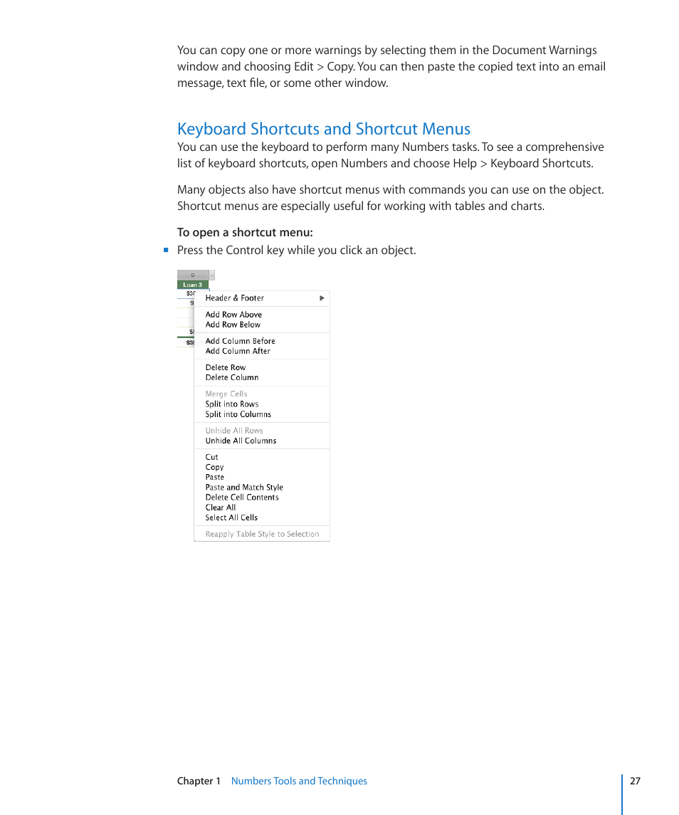 Keyboard shortcuts and shortcut menus, 27 keyboard shortcuts and shortcut menus | Apple Numbers '09 User Manual | Page 27 / 254