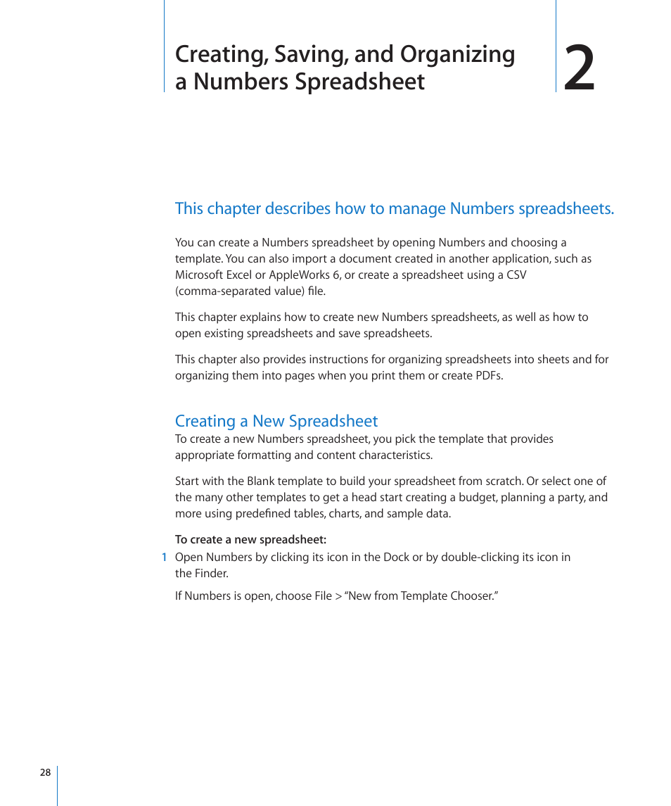 Creating a new spreadsheet, 28 creating a new spreadsheet | Apple Numbers '09 User Manual | Page 28 / 254